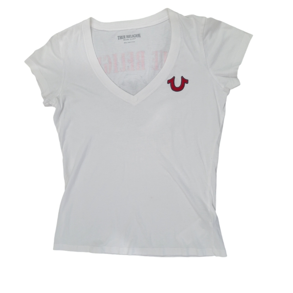 True Religion Women's White Fitted Short Sleeve T-Shirt - Size Small